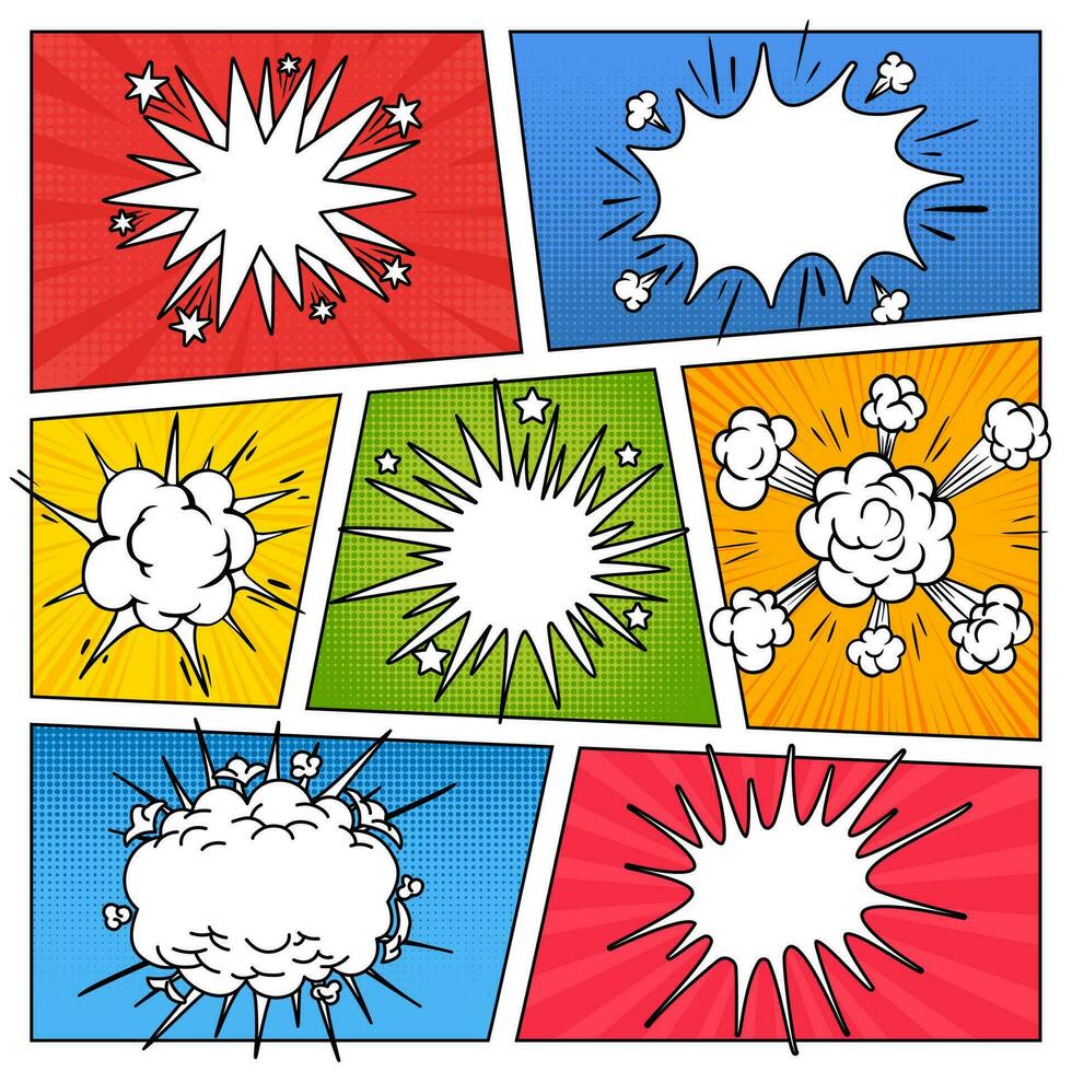 grappig bladzijde met toespraak bubbel. tekenfilm leeg wolken en dialoog bubbels Aan kleurrijk achtergronden. superheld tafereel met halftone en radiaal Effecten, explosie. vector sjabloon