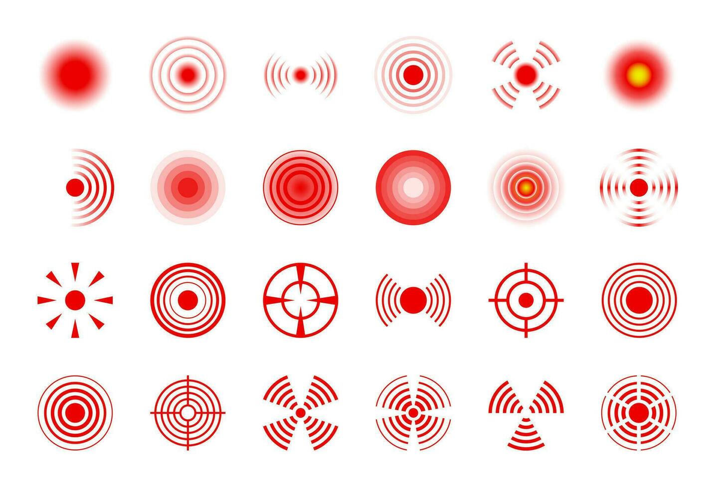 pijn cirkel. rood pijn vlekken, hoofdpijn en spier, gewricht pijn doen punt met golven, pijn doelwit ringen voor pijnstiller pillen geneeskunde geïsoleerd vector reeks