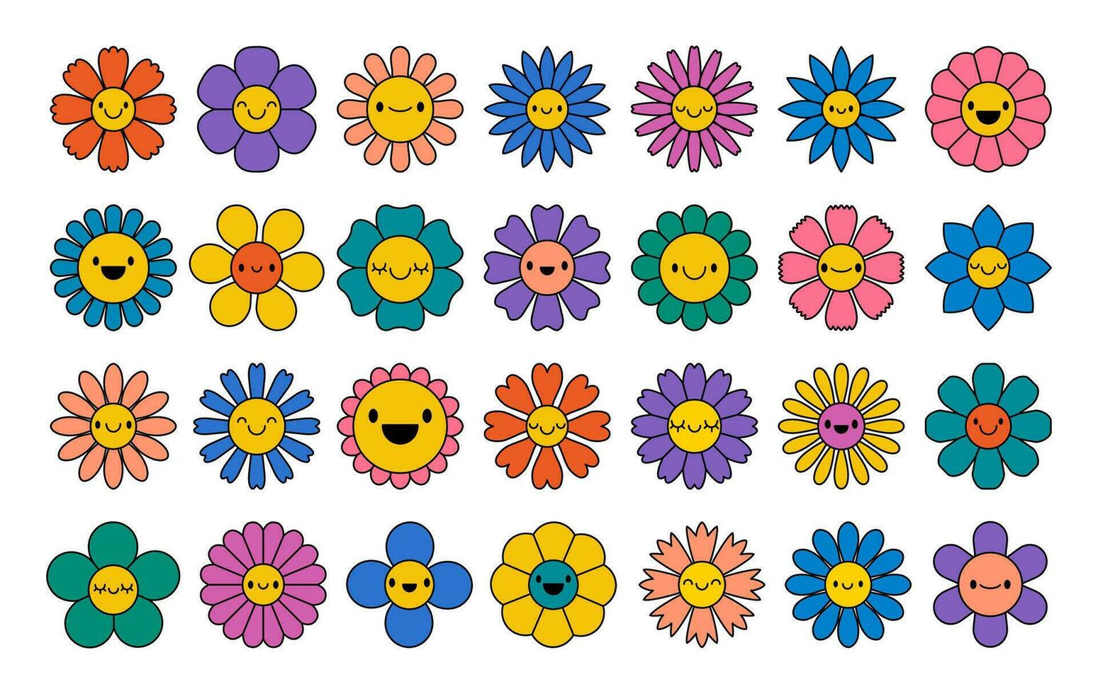 groovy tekenfilm bloem. hippie madeliefje gezichten, retro glimlachen bloemen karakter. wijnoogst jaren 70 grafisch elementen, gelukkig positief emoties fabriek. vector reeks