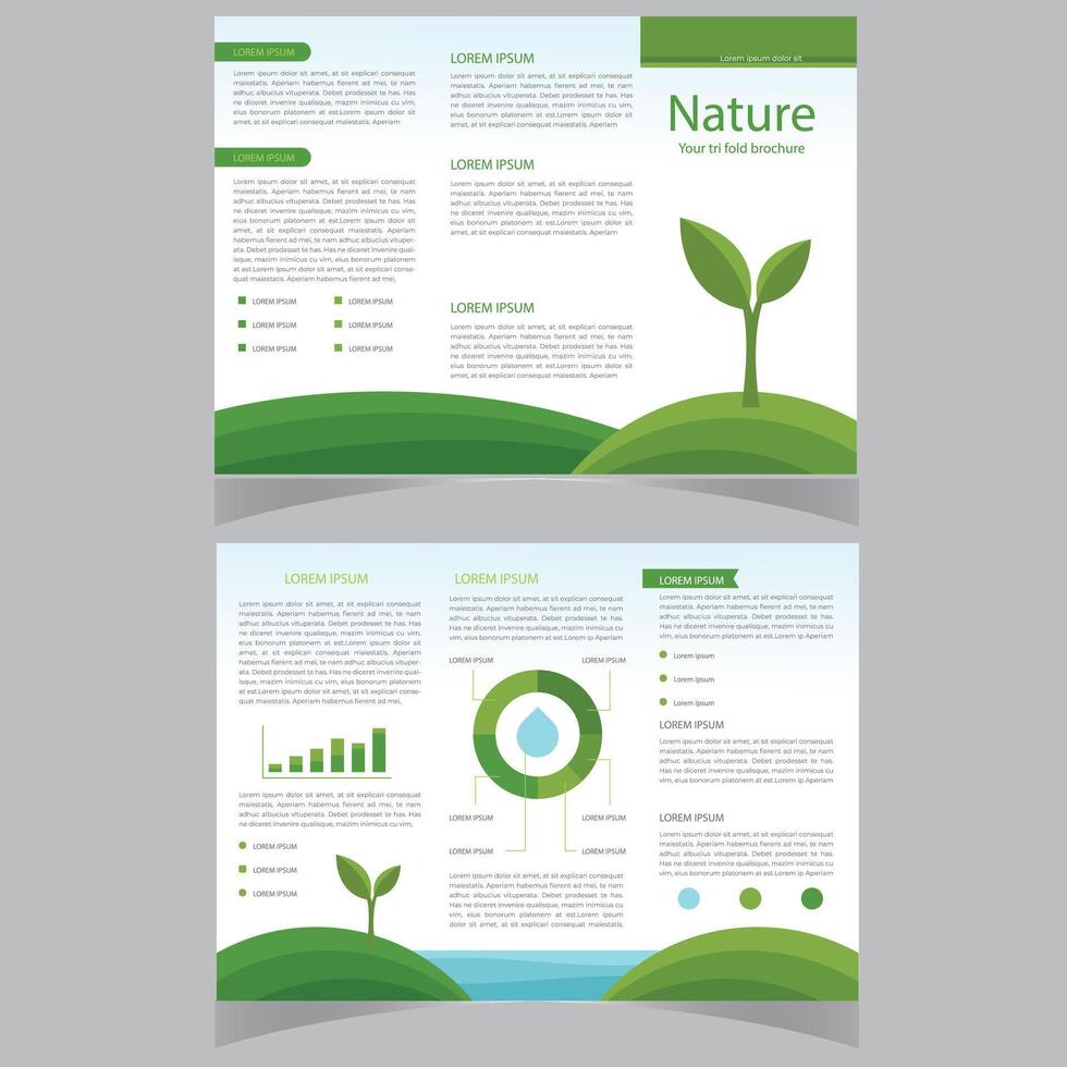 natuur tri vouwen brochure ontwerp. blauwgroen, oranje zakelijke bedrijf sjabloon voor tri vouwen folder. lay-out met modern cirkel foto en abstract achtergrond. creatief concept 3 gevouwen folder of brochure. vector