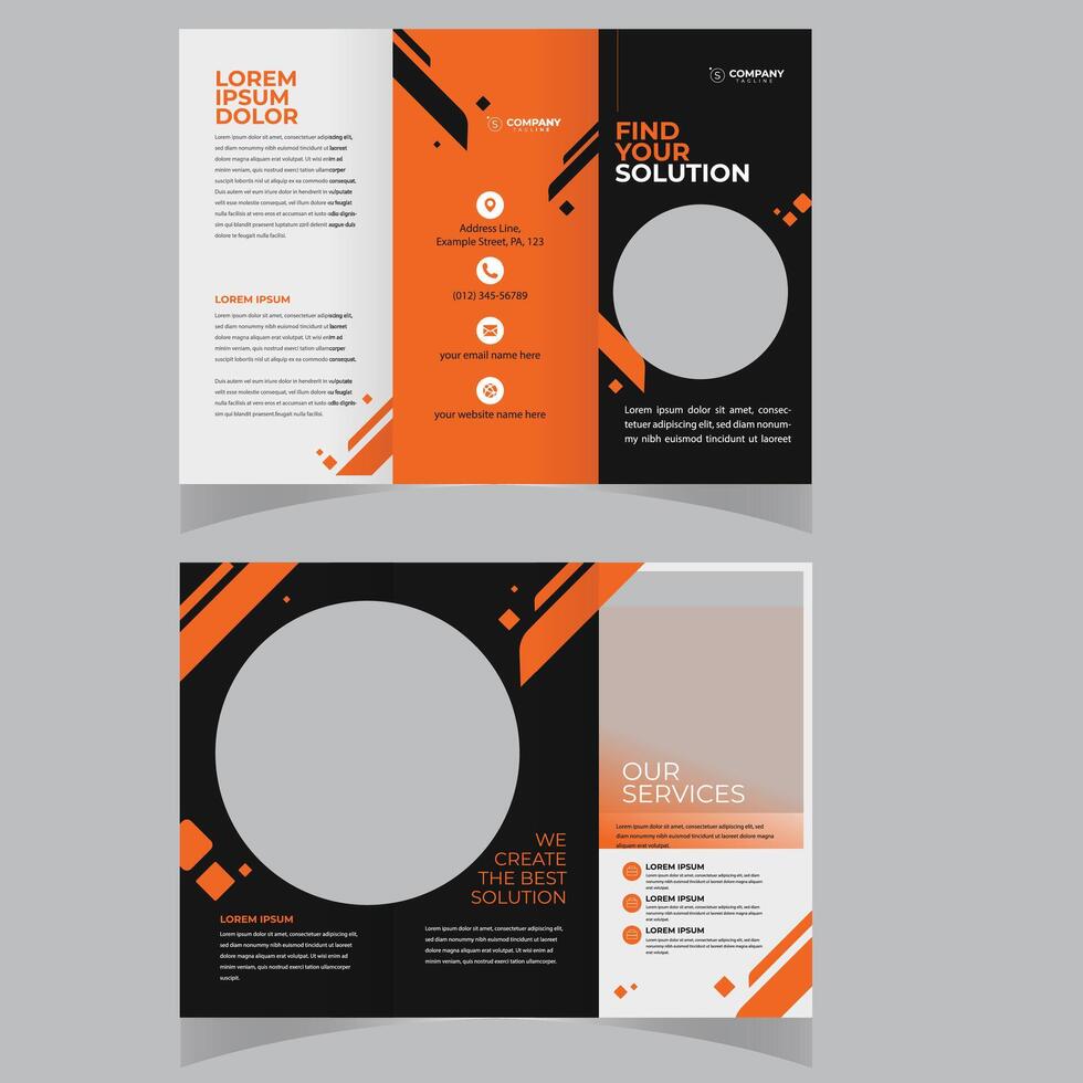 tri vouwen brochure ontwerp. blauwgroen, oranje zakelijke bedrijf sjabloon voor tri vouwen folder. lay-out met modern cirkel foto en abstract achtergrond. creatief concept 3 gevouwen folder of brochure. vector