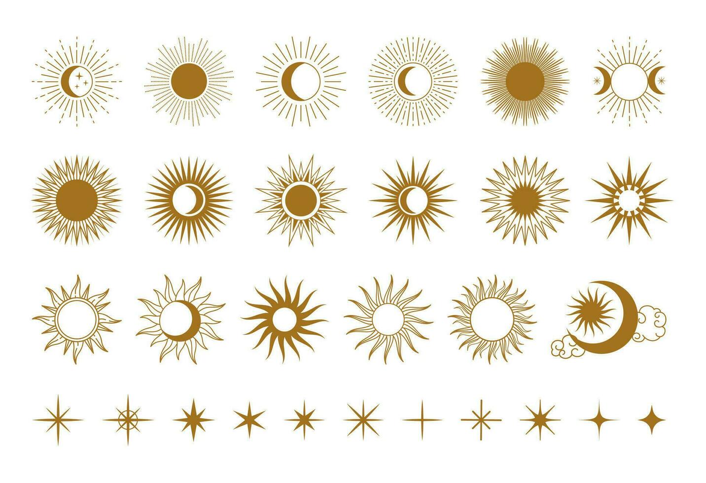 abstract magisch zon. grafisch gouden zon, zonsopkomst elementen, maan en sterren. astrologie mystiek decoratief symbolen. dag en nacht teken geïsoleerd Aan wit achtergrond vector