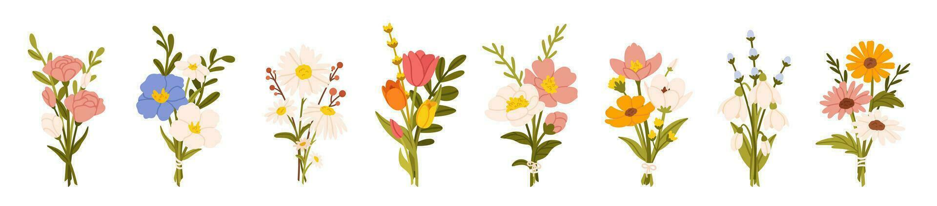 bloem boeketten. tuin bloeiende bloemen met stam en bladeren, bloemen boeket. divers tekenfilm romantisch bloeiend fabriek voor vrouw en moeder dag. vector reeks