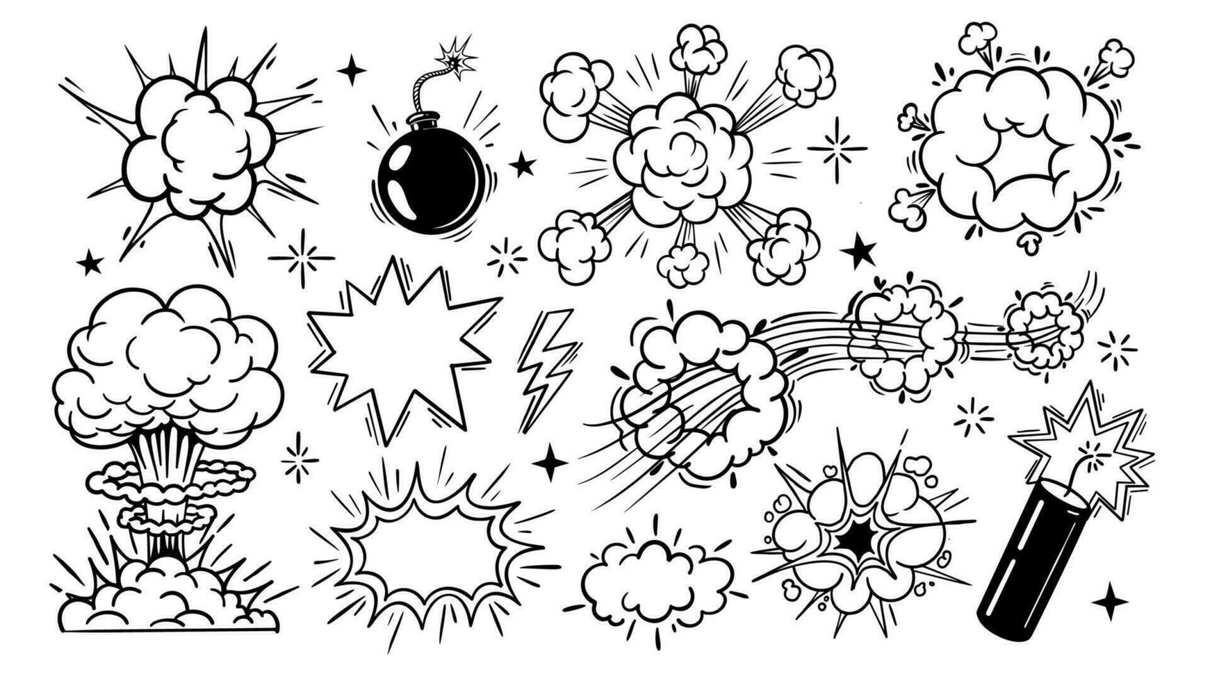 grappig tekenfilm lijn bom explosie. tekening strijd boom en knal Effecten, zwart knal getrokken explosief elementen, ontploffen wolken, schetsen vormen. vector reeks