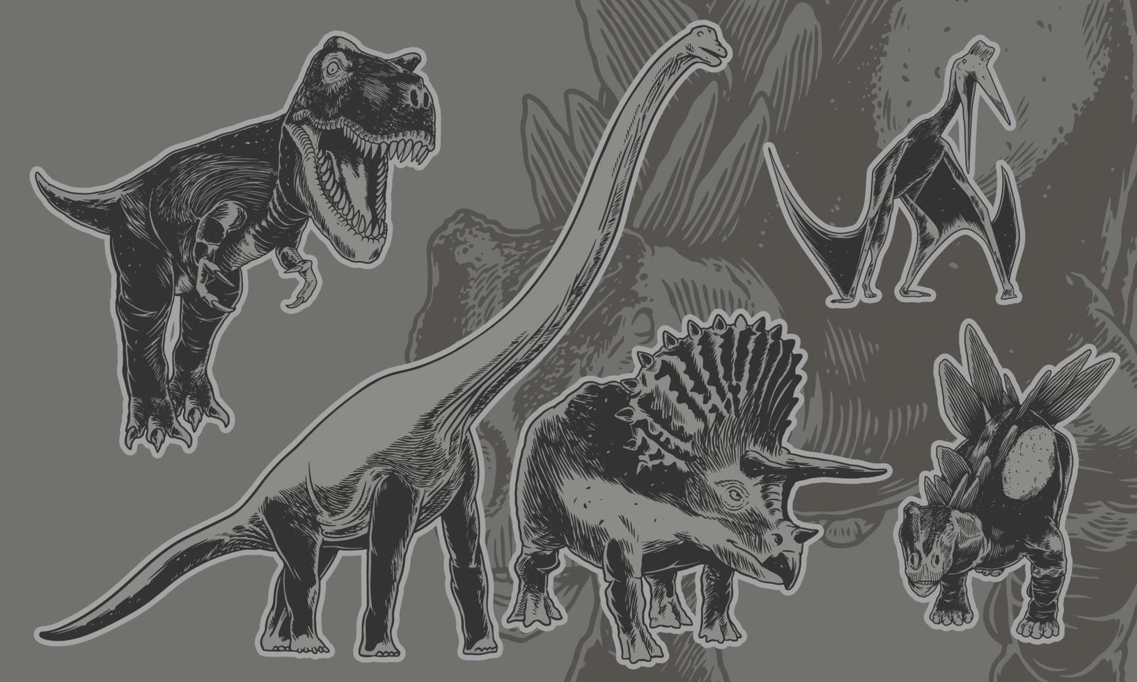 set van triceratops, stegosaurus, pterosauriër, tyranosaurus, brontosaurus. vector