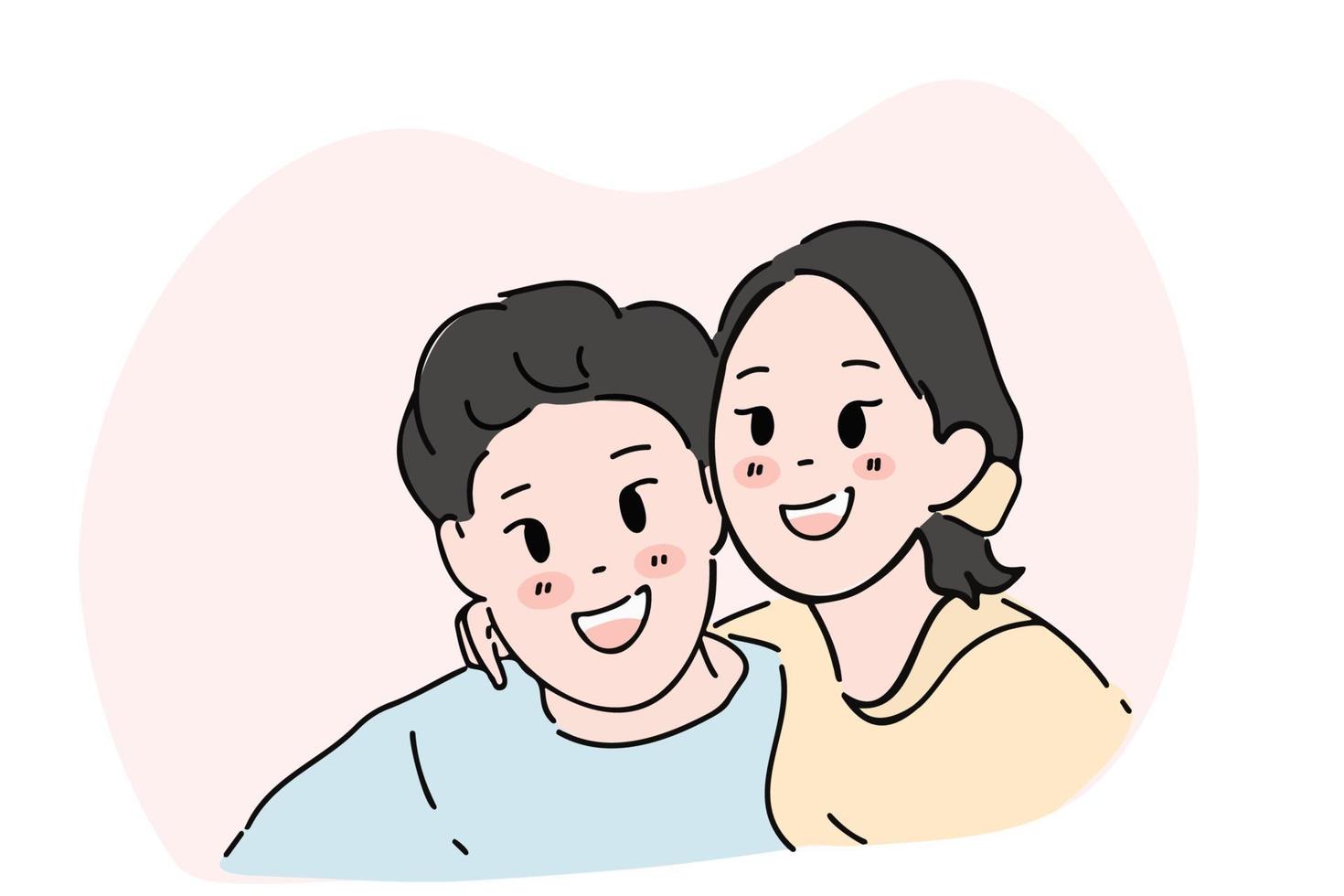 met de hand getekende illustratie van een jonge man en vrouw die lacht en gelukkig omhelst vector