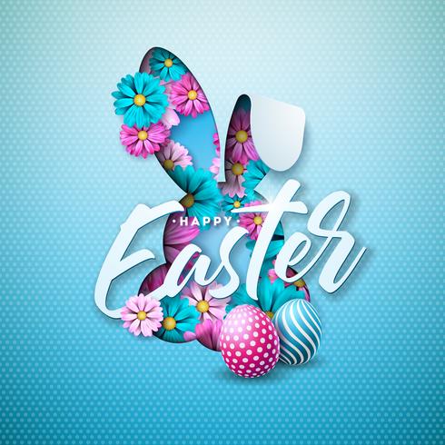 Gelukkig Pasen-vakantieontwerp met Geschilderd Ei, de Lentebloem in het Gezichtssilhouet van Nice op Lichtblauwe Achtergrond. vector