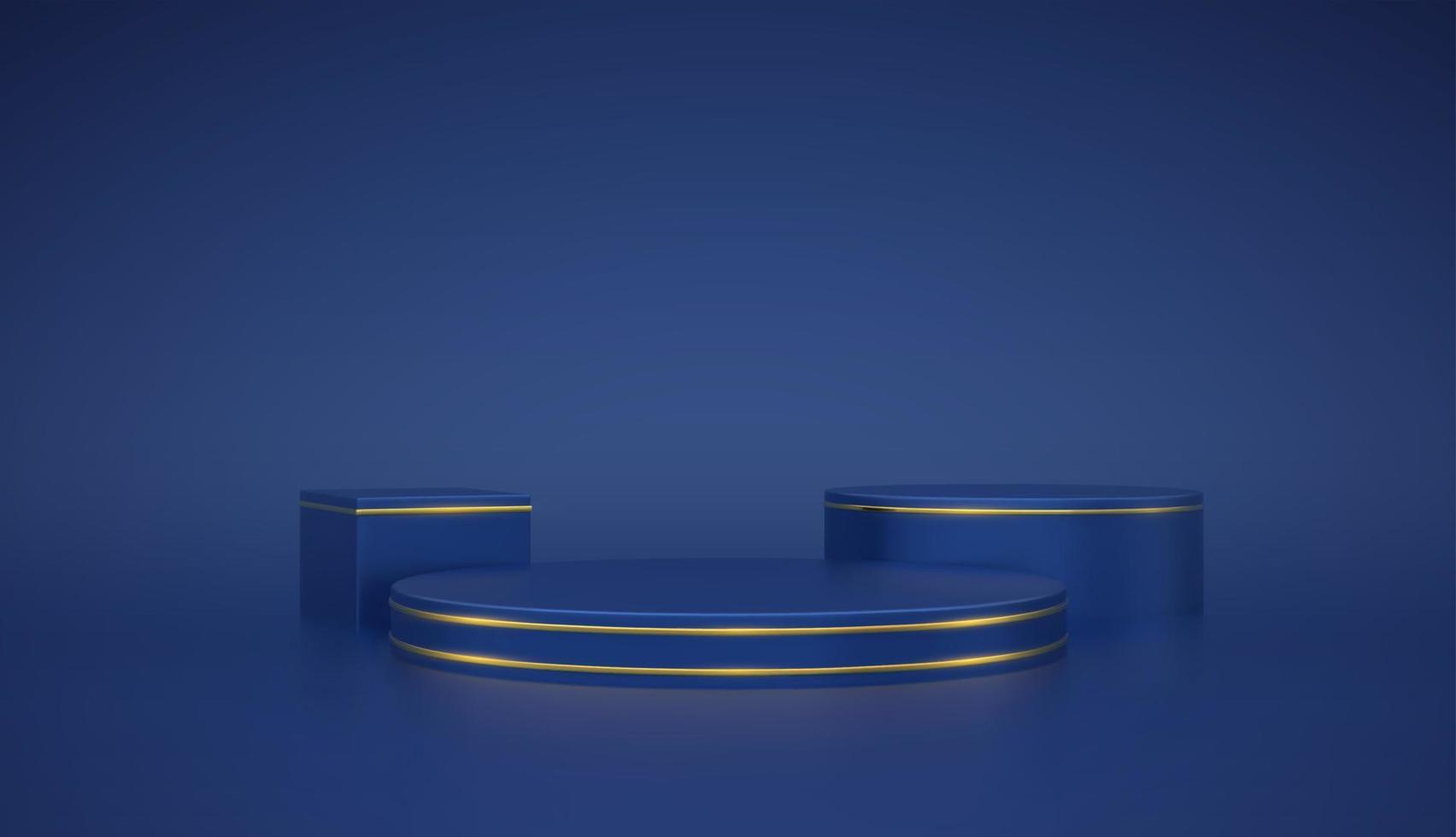 blauw rond en kubuspodium. scène en 3D-platform met gouden cirkel op blauwe achtergrond. leeg voetstuk minimaal concept. reclame, prijs en win ontwerp. show en verkoop sjabloon. realistische vector. vector