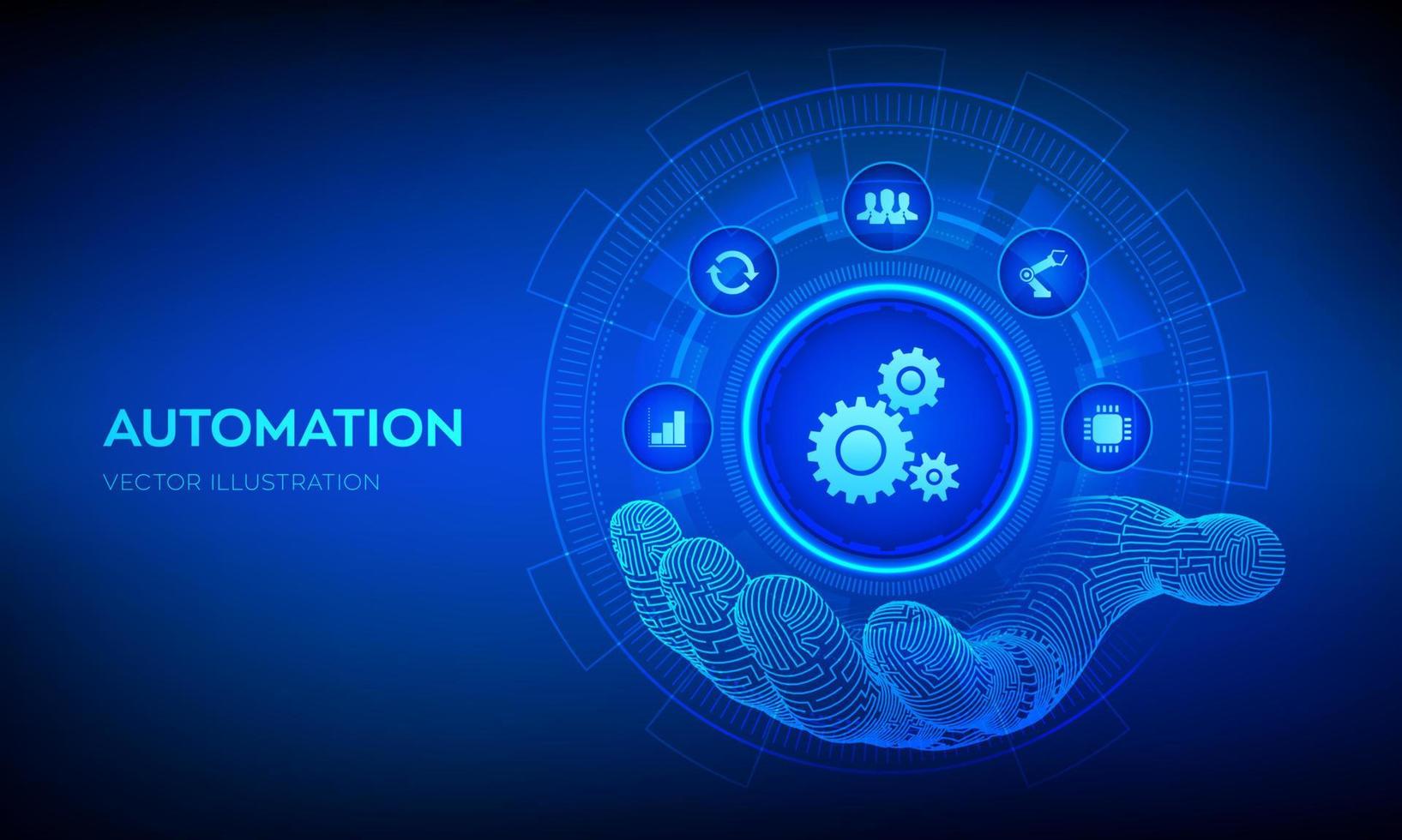 iot en automatiseringssoftwareconcept als innovatie, verbetering van de productiviteit in technologie en bedrijfsprocessen. automatiseringspictogram in robothand. vectorillustratie. vector