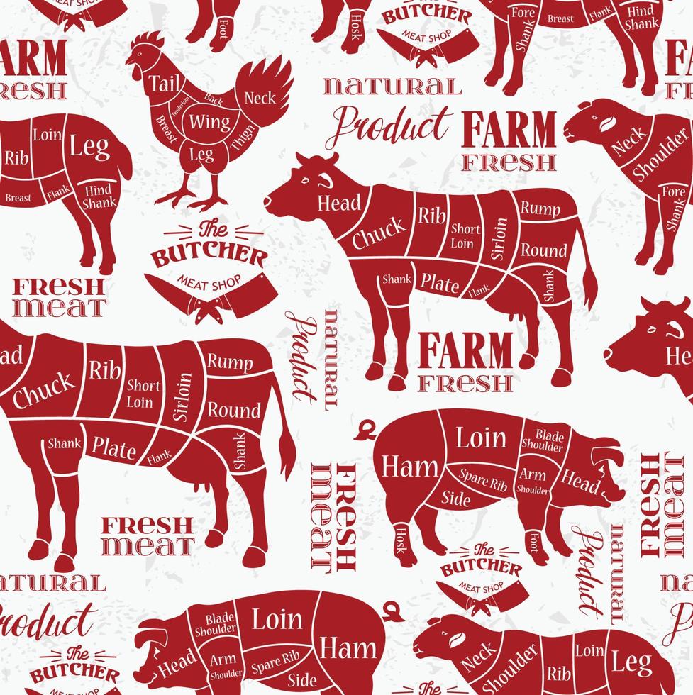 vlees bezuinigingen. diagrammen voor slagerij. dierlijke silhouet. vectorillustratie. naadloos patroon. vector