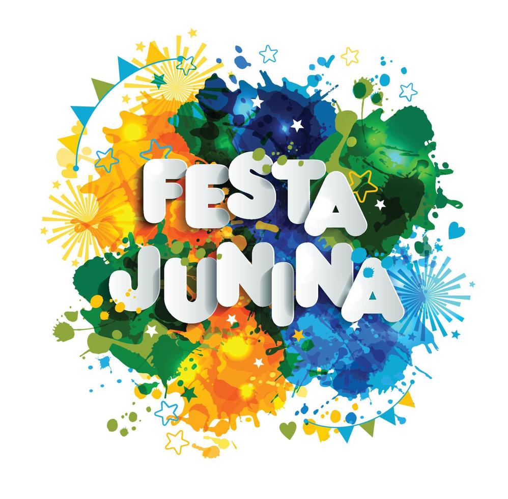 festa junina dorpsfestival in latijns-amerika. belettering illustratie op heldere vlekken. vector