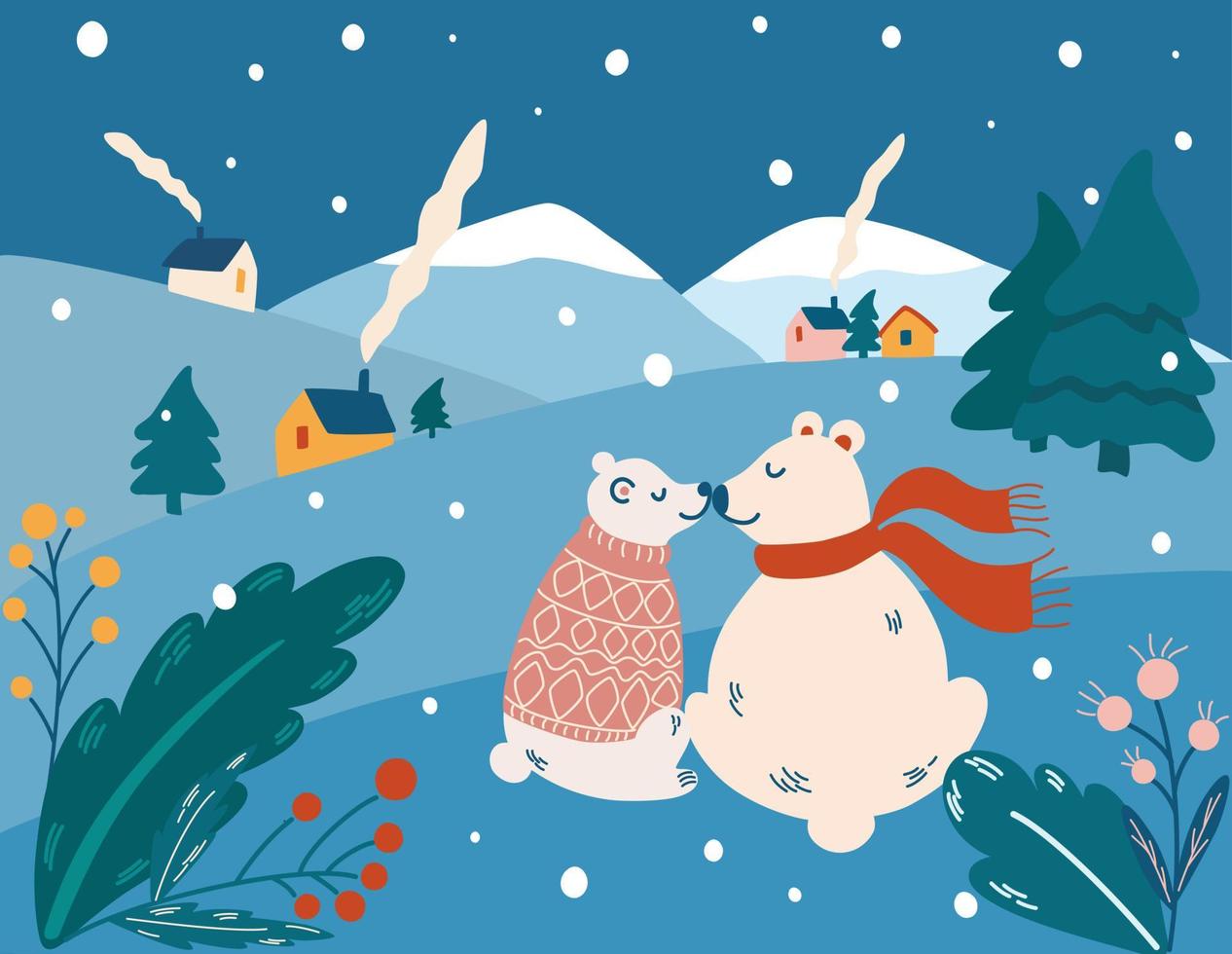 paar ijsberen. winters landschap. natuur reizen en dieren in het wild, bos. fijne feestdagen ansichtkaarten. hand tekenen vectorillustratie voor Kerstmis en Nieuwjaar ontwerp. vector