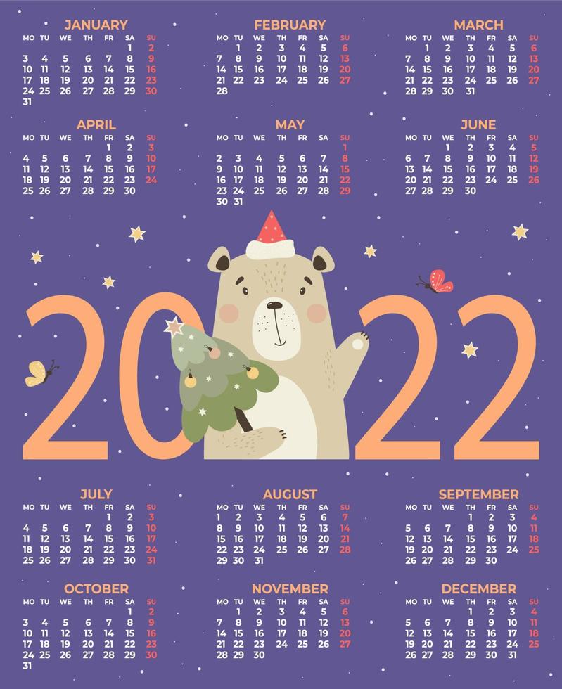 kalender voor 2022. schattige kerstbeer met kerstboom. vectorillustratie. verticale kalendersjabloon a3 voor 12 maanden in het Engels. week begint vanaf maandag. vector