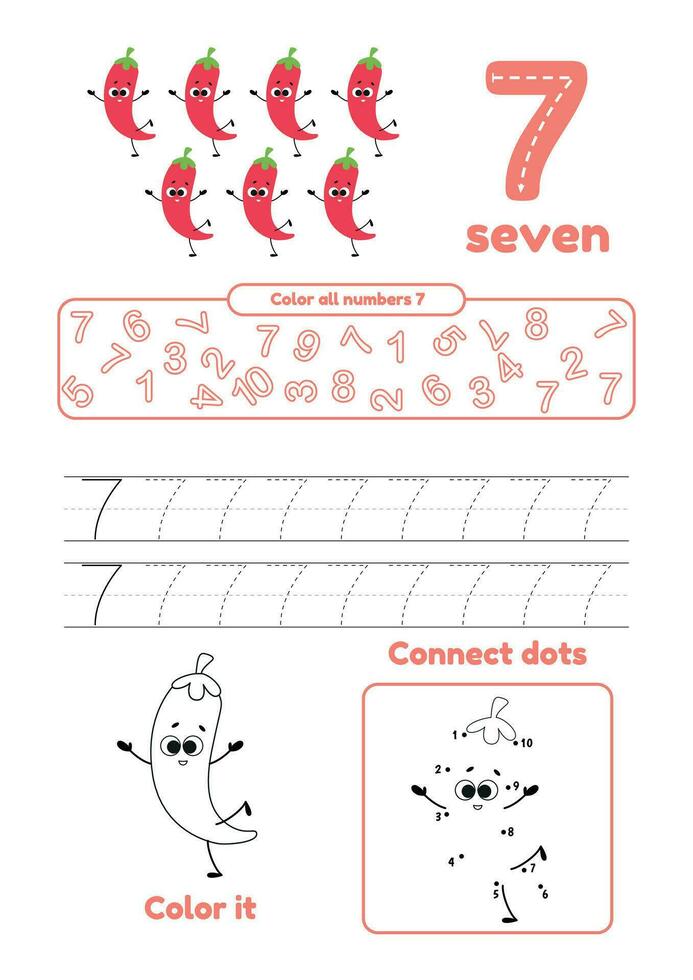 kleur bladzijde, punt naar punt, spoor. leren aantal 7. veel spellen Aan een bladzijde voor peuter- kinderen. vector