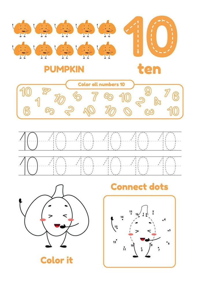 vrije tijd spellen voor peuter- kinderen Aan een bladzijde. punt naar punt, spoor, kleur en leren aantal tien vector