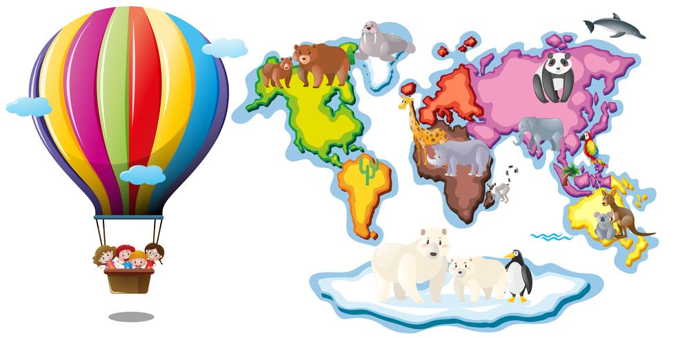Wereldkaart met dieren en ballonrijden vector