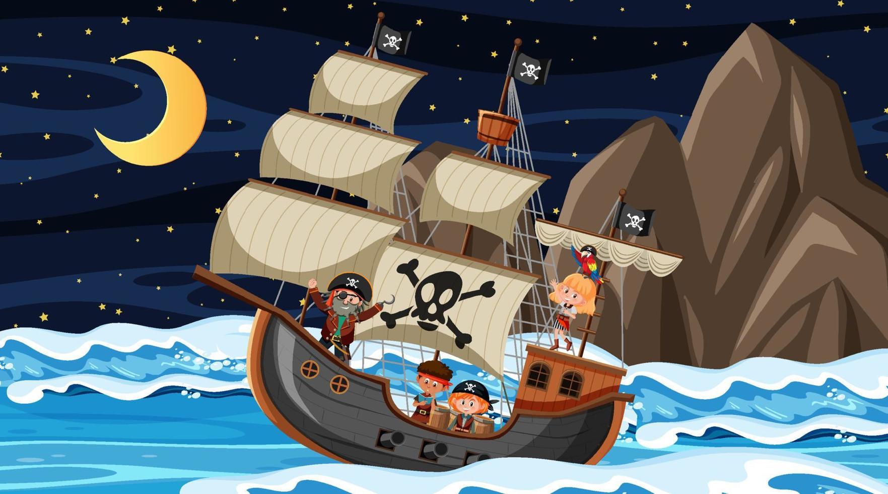 oceaan met piratenschip bij nachtscène in cartoonstijl vector