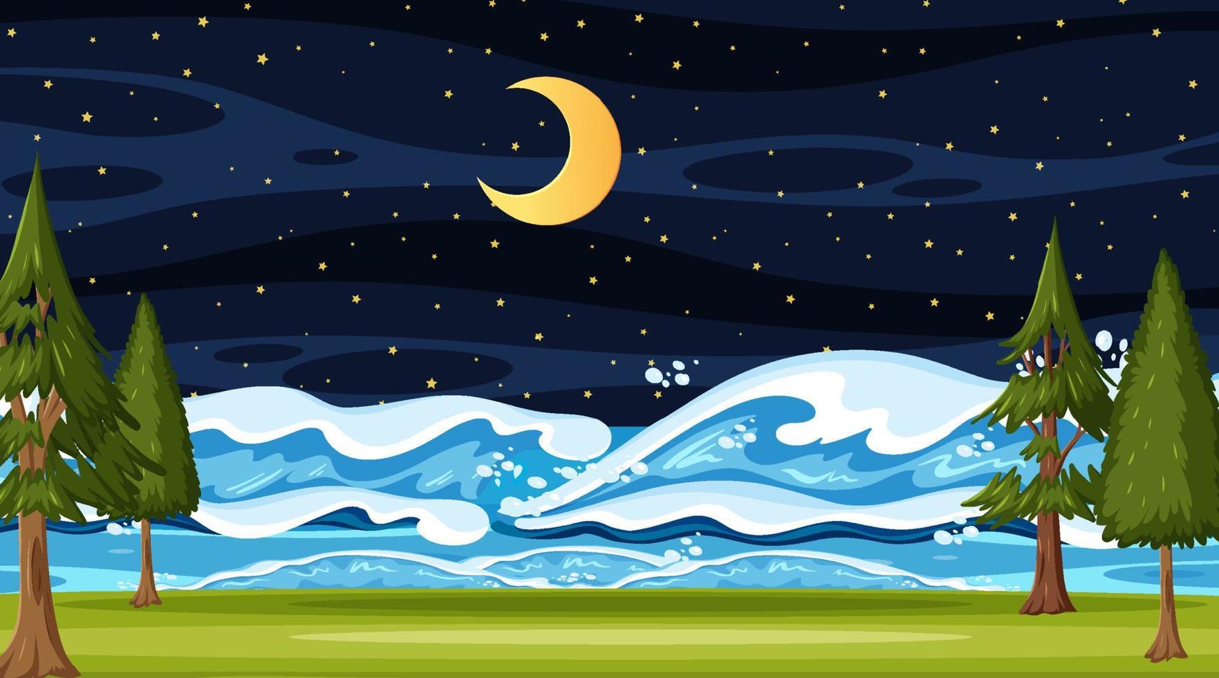 strandlandschap bij nachtscène met oceaangolf vector