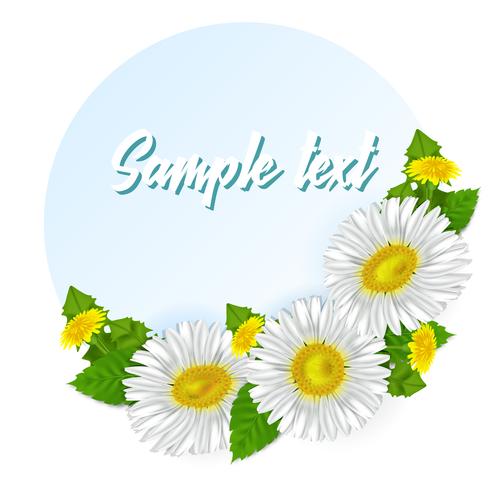 Een echt boeket van kamilles en paardebloemen. Ronde sticker of label op een blauwe achtergrond. Vector illustratie