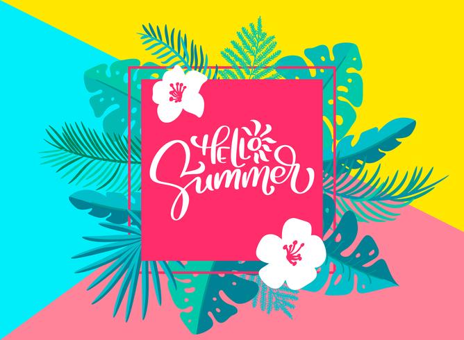 Tekst Hallo zomer in geometrische bloemen palm verlaat frame vector