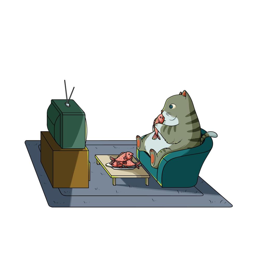 kat die vis eet en tv kijkt vector