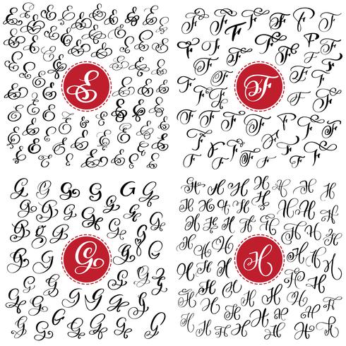 Set van hand getrokken vector kalligrafie letter E, F, G, H