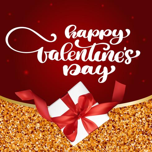 kaart Happy Valentines Day hand getrokken borstel belettering met cadeau rode achtergrond vector