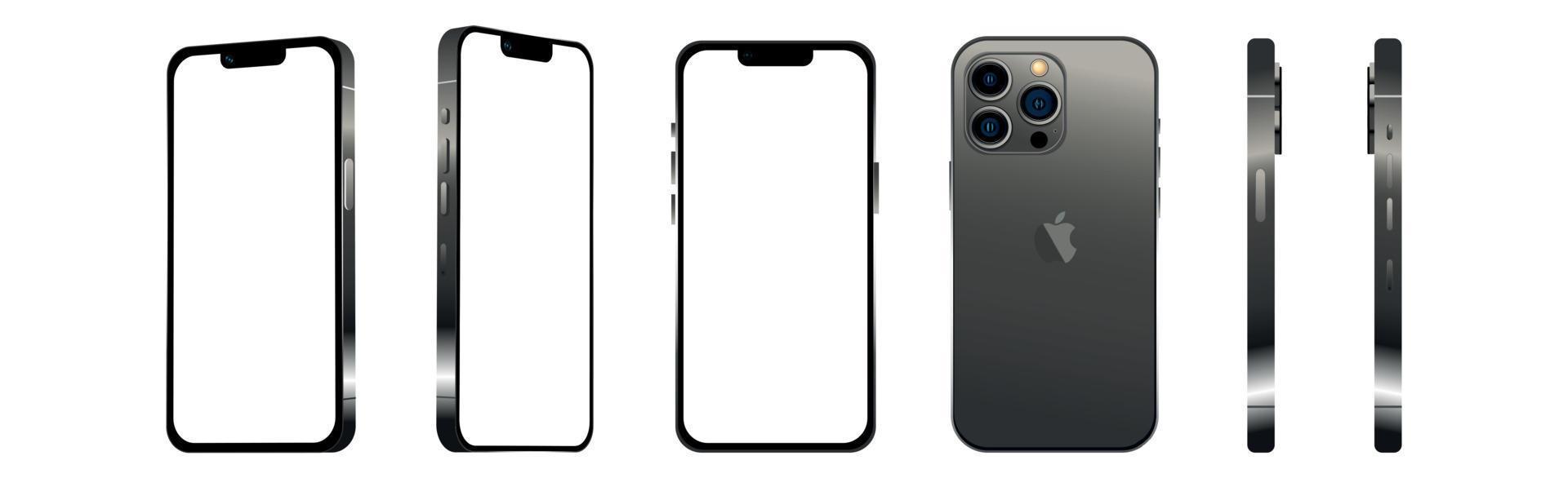 zwarte moderne smartphone mobiele iphone 13 pro in 6 verschillende hoeken op een witte achtergrond - vector