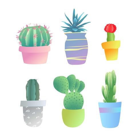 Set decoratieve cactussen en huis planten in potten. vector