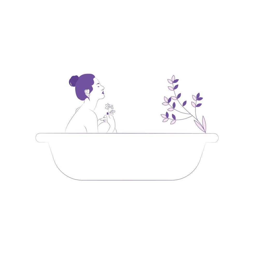 vrouw ontspannen en baden in badkuip hand getekende meisje in badkuip lijntekeningen vector