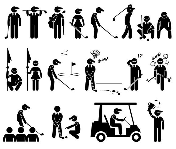 Acties van de golfspeler stelt stok figuur Pictogram pictogrammen. vector