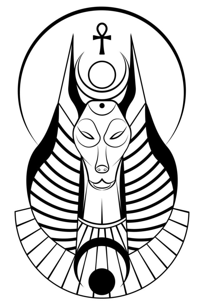 portret van oude Egyptische god Anubis. godheid met hoektand hoofd. god van dood logo tatoeëren. oude Egyptische god in zwart en wit stijl vector illustratie geïsoleerd Aan een wit achtergrond