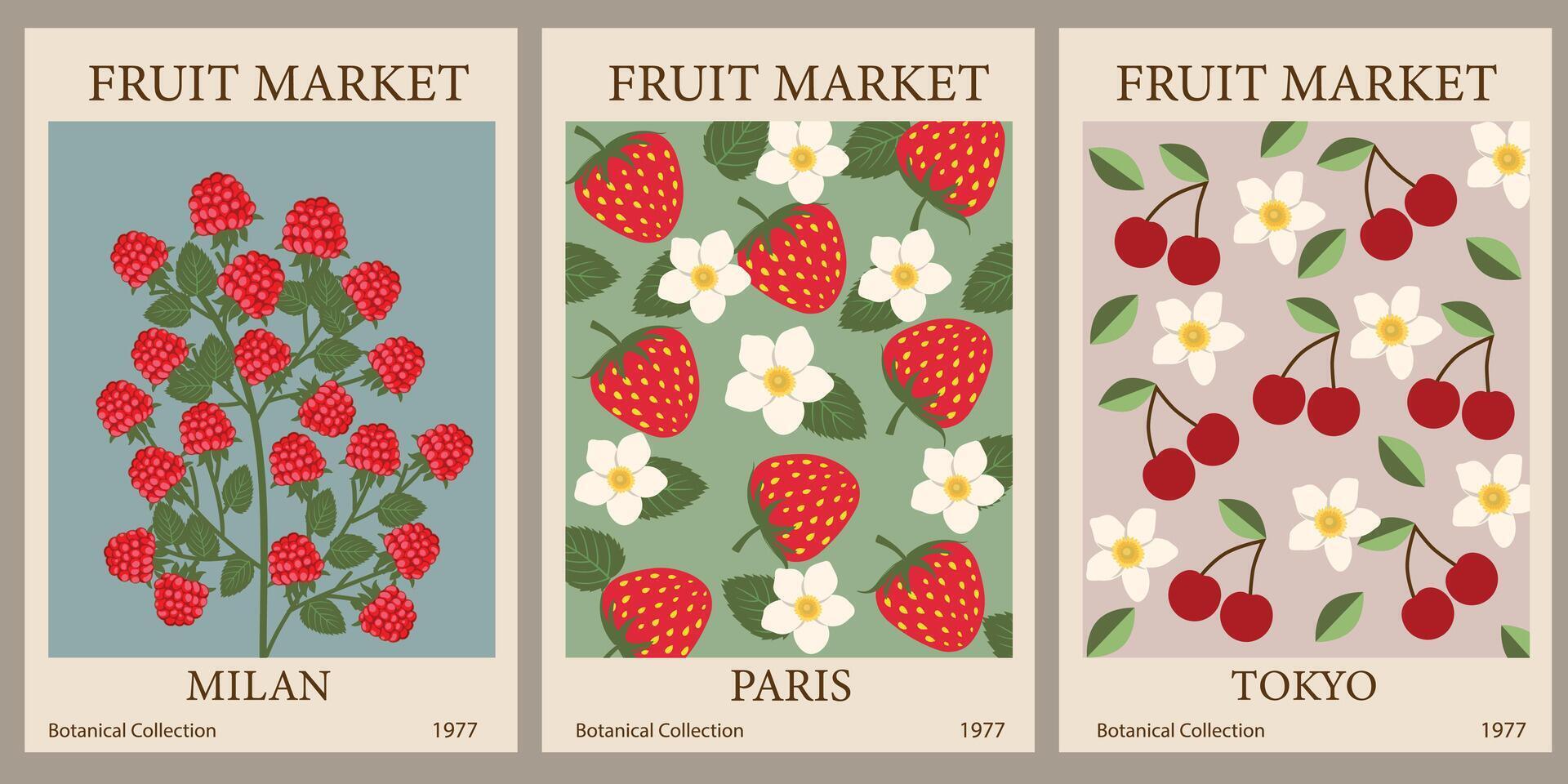 reeks van abstract fruit markt retro affiches. modieus galerij muur kunst met kers, aardbei, framboos vruchten. modern naief groovy funky interieur decoraties, schilderijen. vector kunst illustratie.