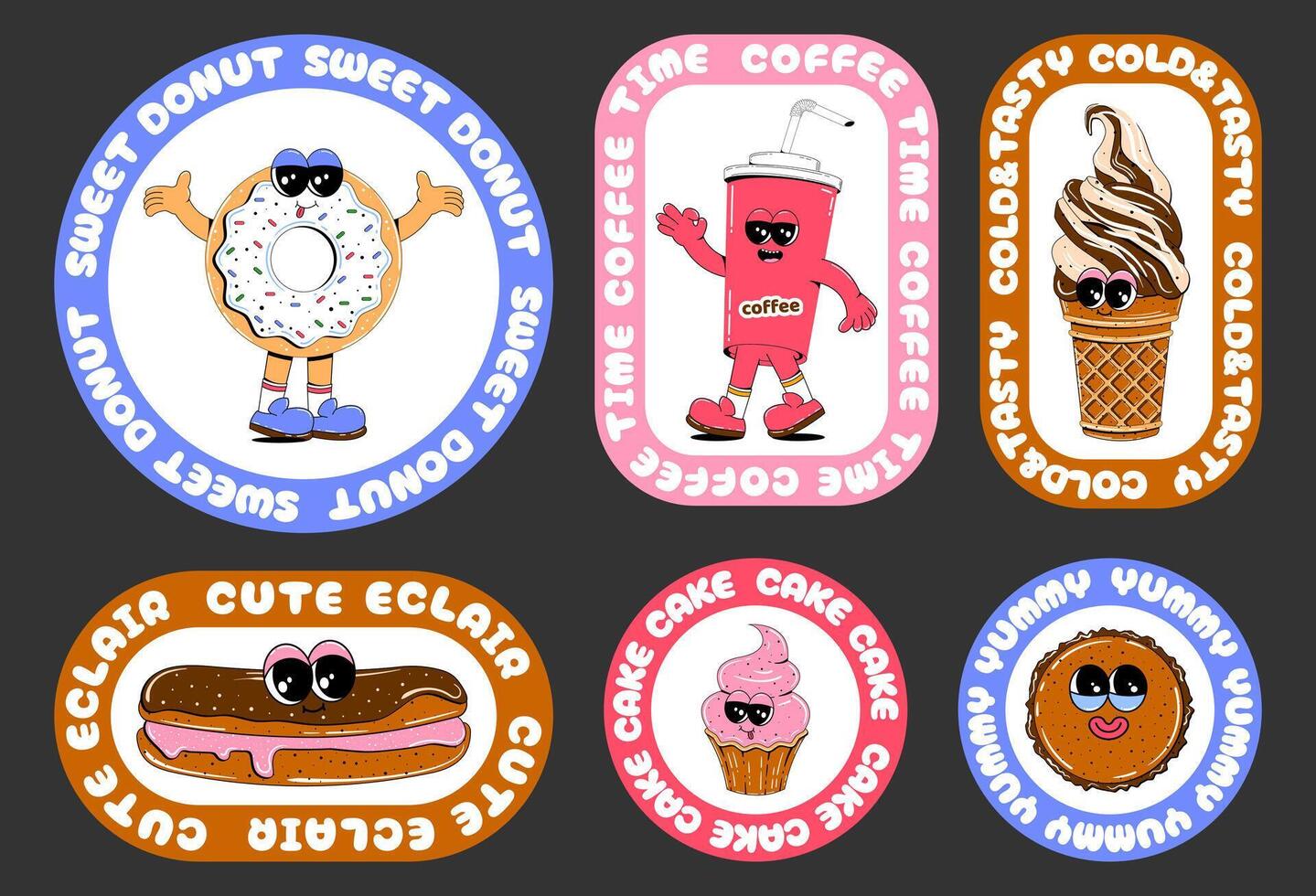 reeks van stickers met snoepgoed in retro tekenfilm stijl. vector illustratie van donut, ijs room, koffie, koekje met cirkel tekst in de het formulier van retro stickers.