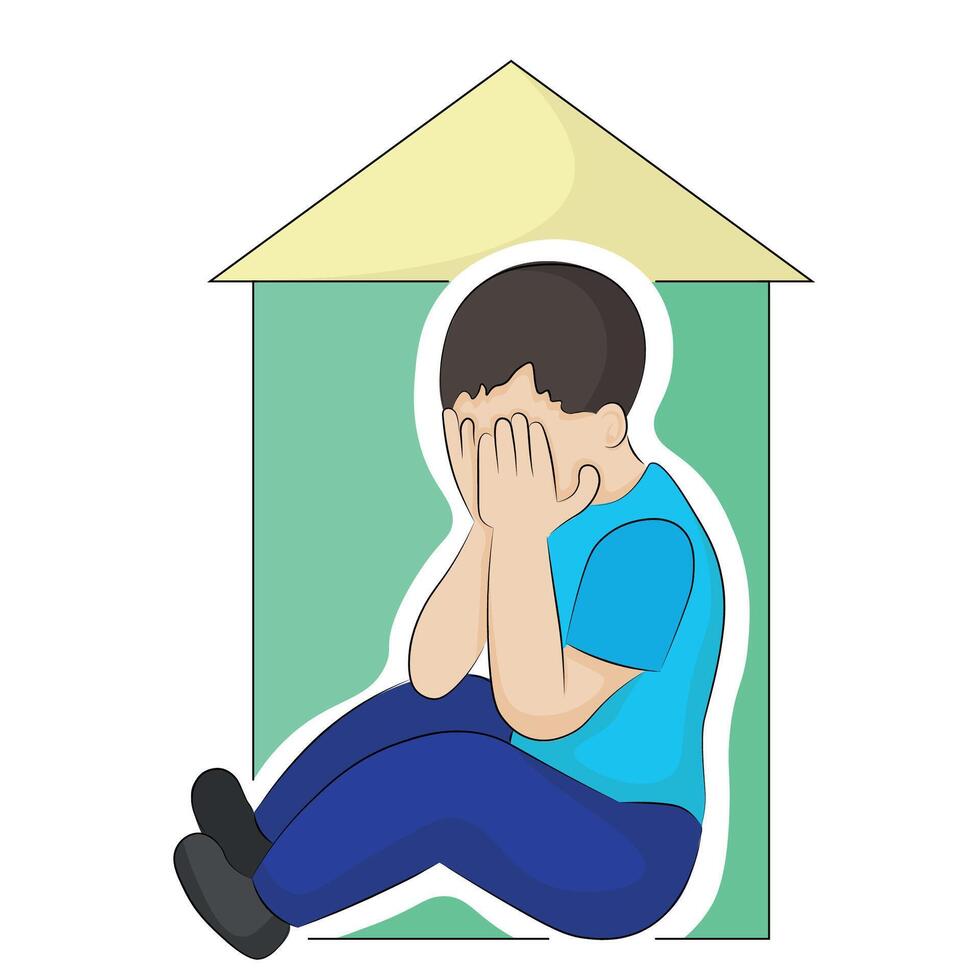 portret van een jongen wie gedekt zijn gezicht met zijn handen en zit in een denkbeeldig huis, geïsoleerd Aan wit, vlak vector