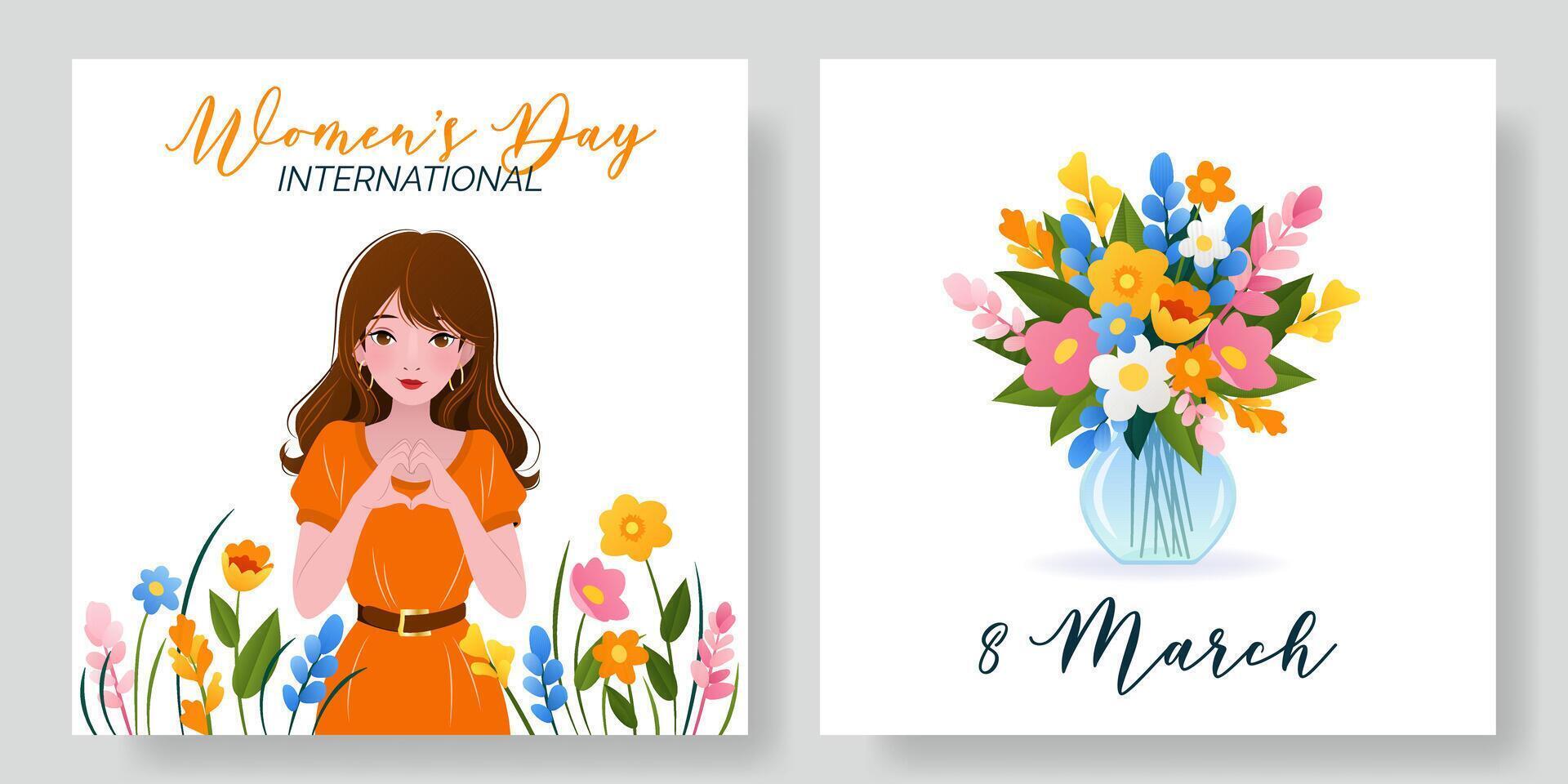 Internationale vrouwen dag plein banners set. 8 maart. portret van vrouw met voorjaar bloemen. boeket van bloemen in vaas. ontwerp voor poster, campagne, sociaal media na, ansichtkaart. vector illustratie.