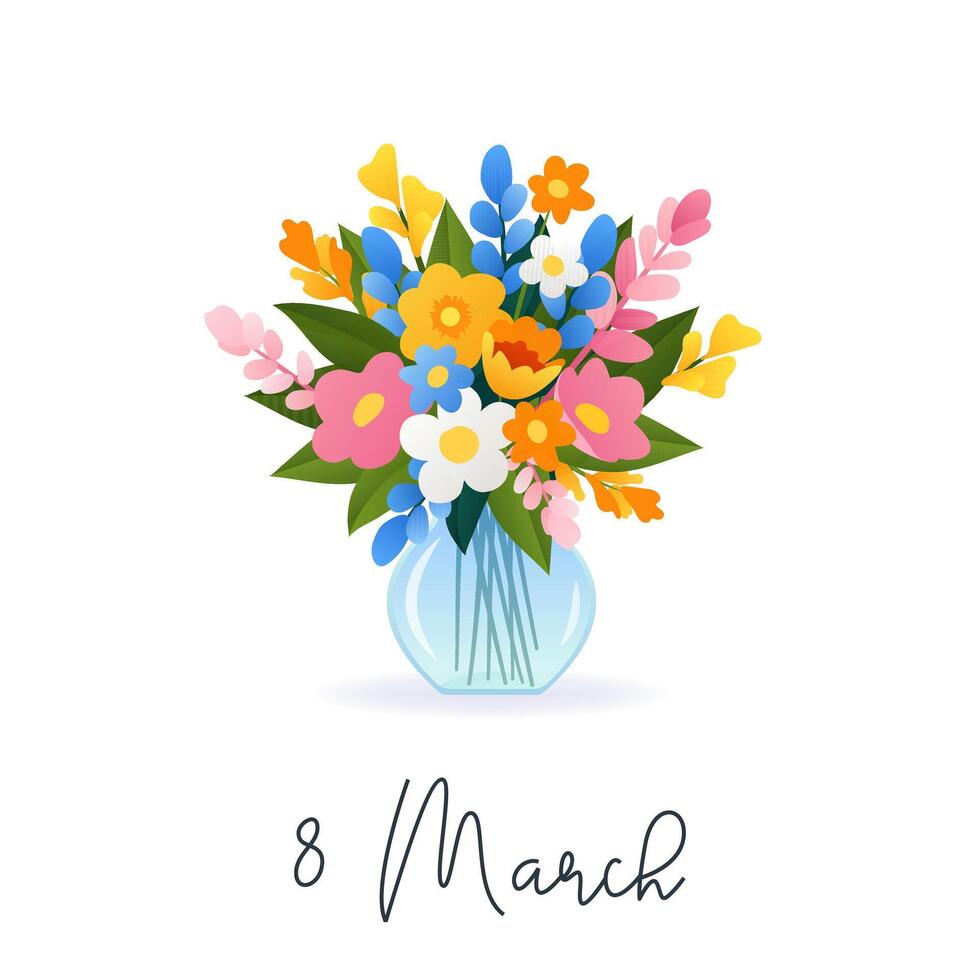 Internationale vrouwen dag. 8 maart. banier, ansichtkaart met geïsoleerd vaas en boeket van divers voorjaar bloemen Aan wit achtergrond. modern vector ontwerp voor poster, campagne, sociaal media na.