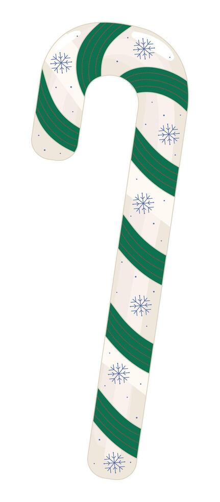 winter snoep riet met groen strepen en blauw sneeuwvlokken, vector kleur illustratie