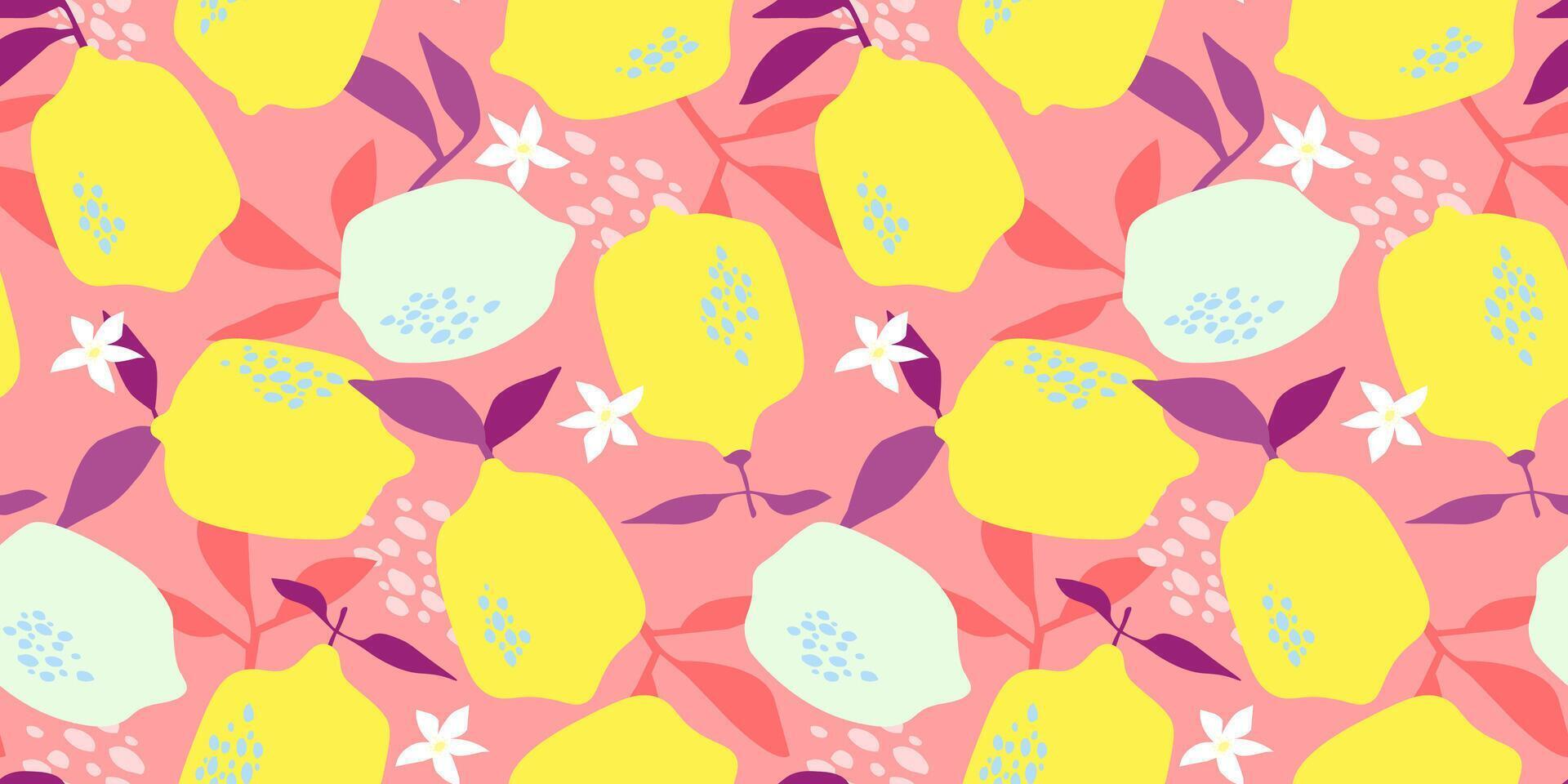 naadloos helder patroon met abstract citroenen. citrus fruit met bladeren, bloemen. vector grafiek.