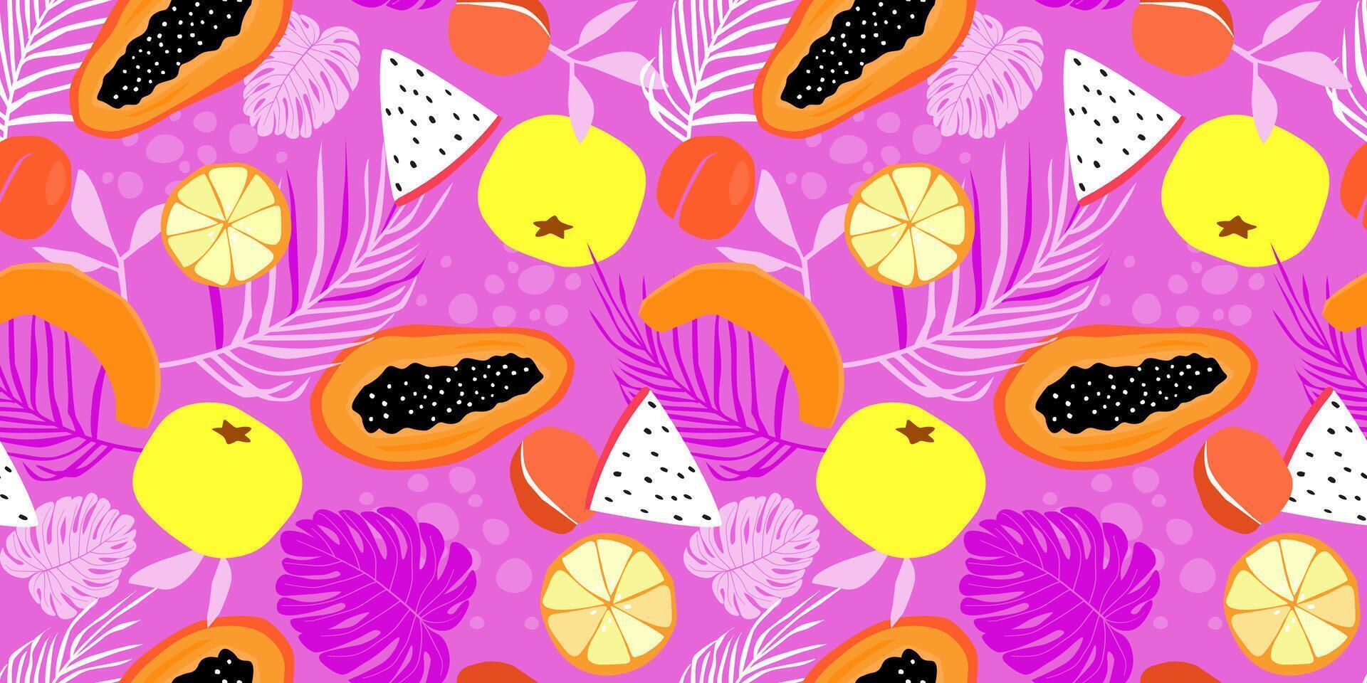 naadloos patroon met tropisch exotisch fruit, palm bladeren, monstera Aan een helder achtergrond. abstract zomer afdrukken. vector grafiek.