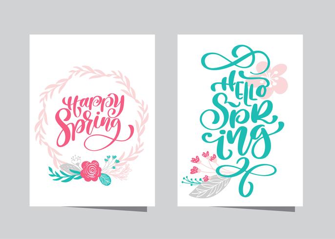 Hand getekend belettering Happy Spring en Hello lente vector