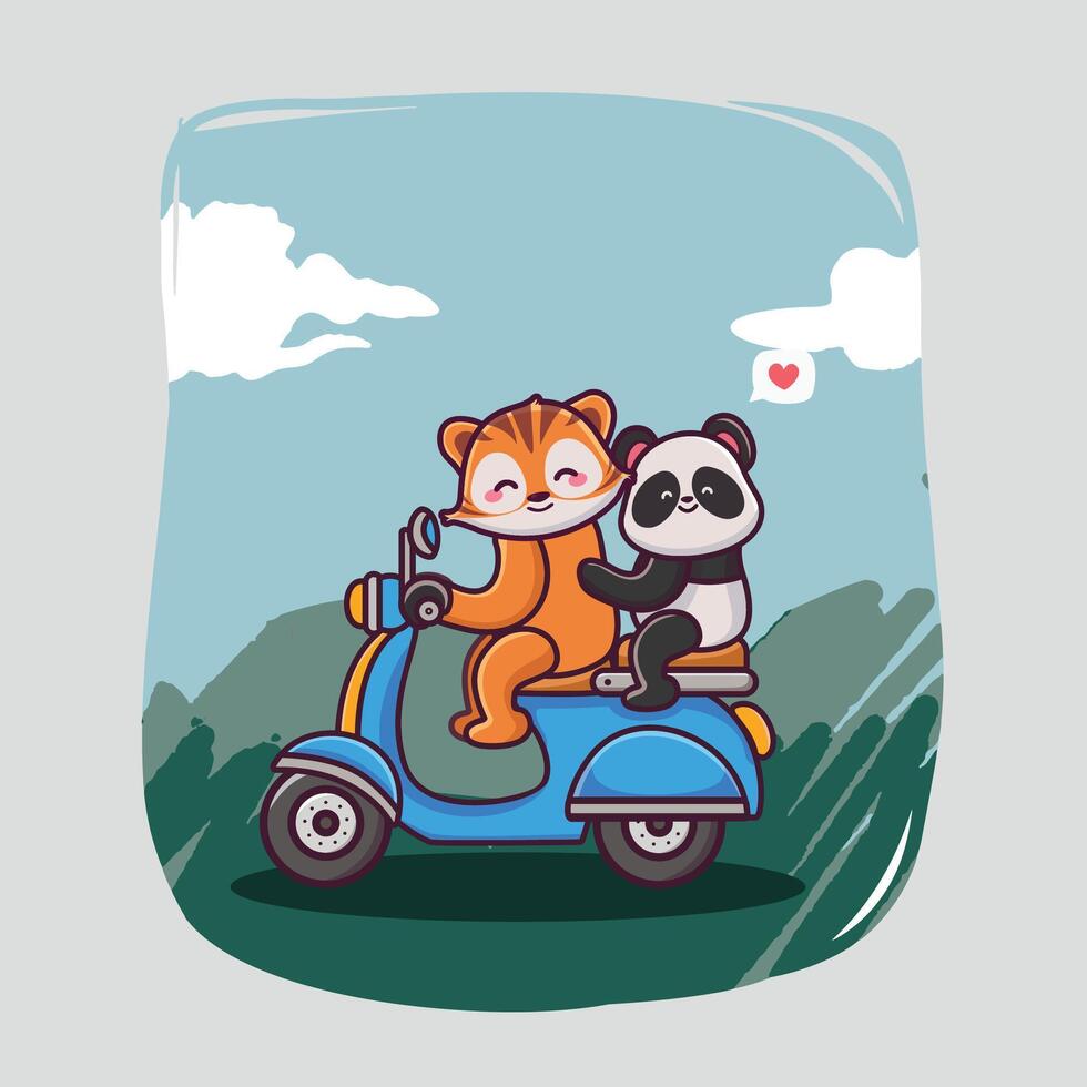 schattig tijger en panda rijden een scooter vector