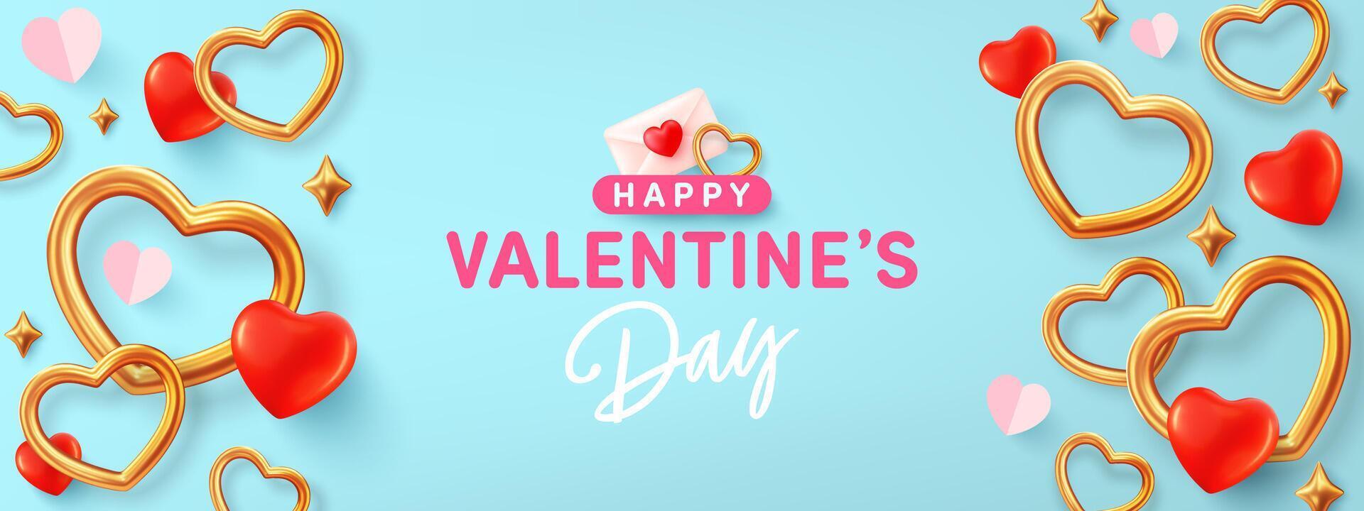 Valentijnsdag dag banier sjabloon met gouden hart vorm Aan blauw achtergrond.vector van Valentijnsdag dag poster of banner.groeten en presenteert voor liefde of Valentijn concept. vector