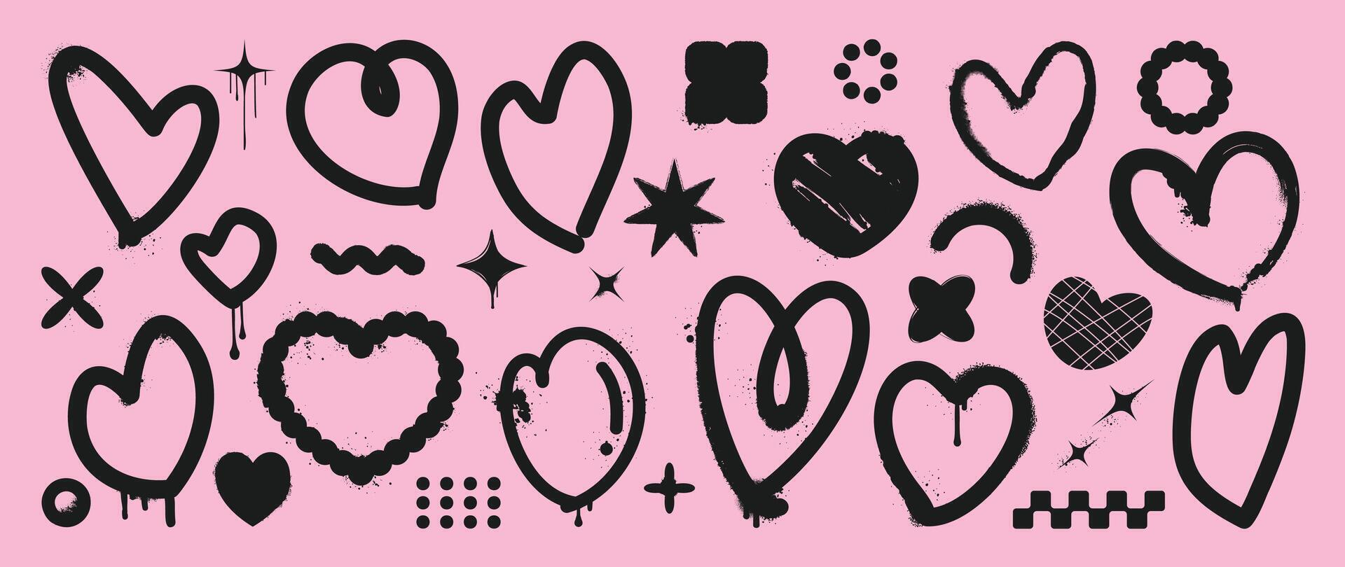 reeks van y2k stijl Valentijn element vector. hand- getrokken graffiti verstuiven structuur verzameling van hart in zwart, roze, pixel kunst . romance ontwerp illustratie voor afdrukken, tekenfilm, kaart, decoratie, sticker. vector