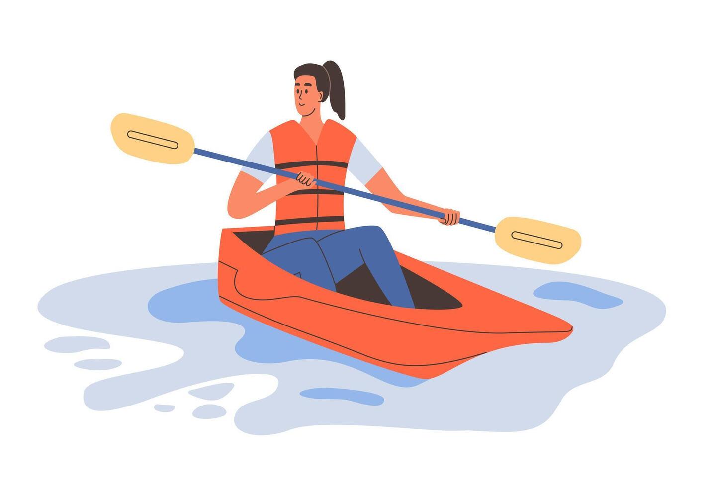 duurzame toerisme, ecotoerisme, milieuvriendelijk recreatie. meisje in solo kano roeien met peddelen Aan water. vlak vector illustratie.