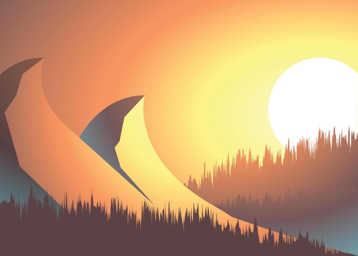 mooi tekenfilm fantasie landschap met zonsondergang of zonsopkomst met twee berg reeks vector