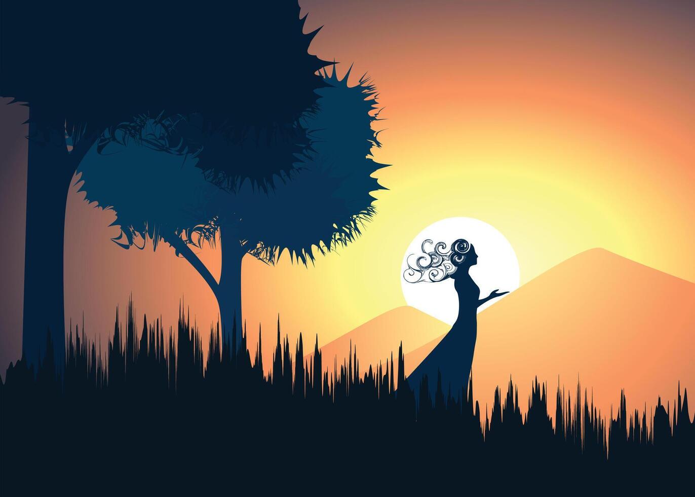 mooi tekenfilm fantasie landschap met zonsondergang of zonsopkomst met een sjamaan of vrouw bidden vector