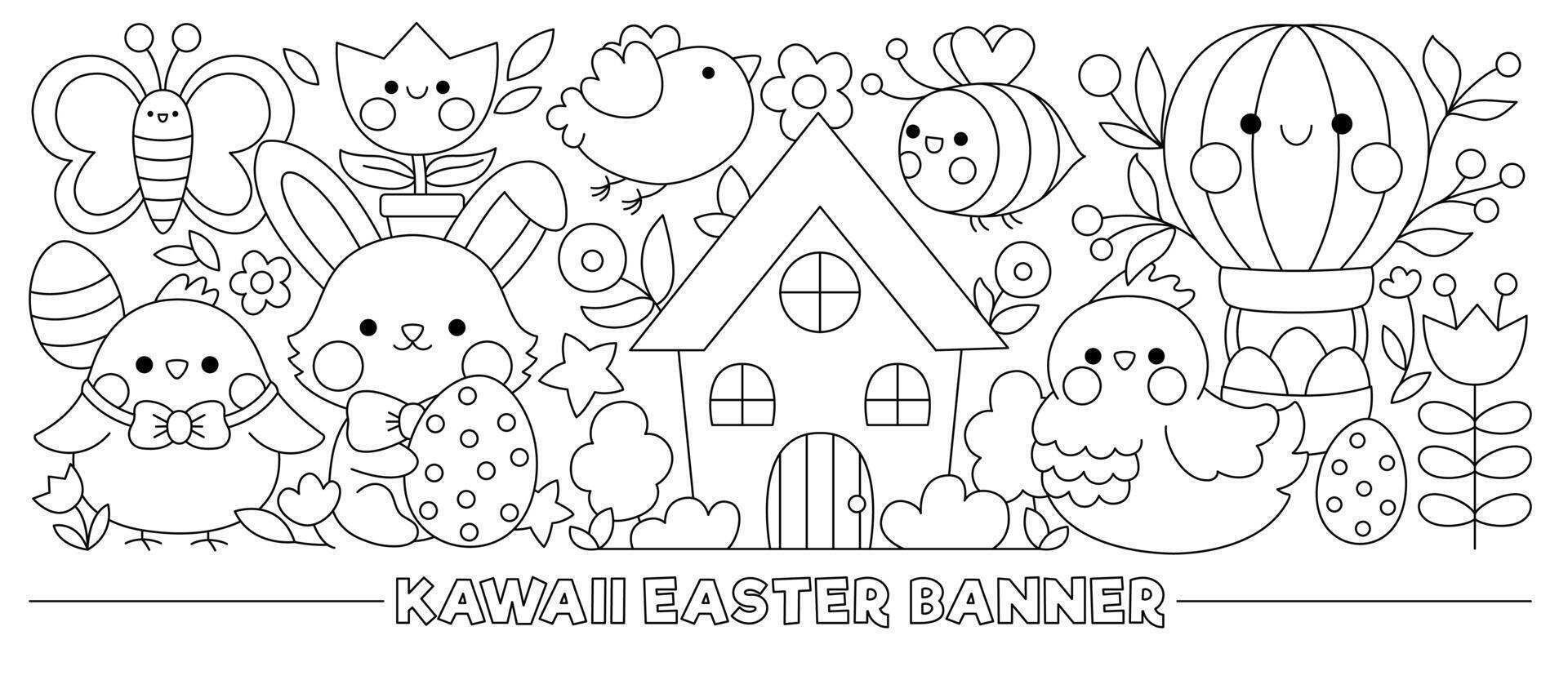 Pasen zwart en wit horizontaal banier met schattig kawaii tekens voor kinderen. vector grappig konijn met kuiken, huisje, bloemen. schattig tuin illustratie. grappig voorjaar vakantie kleur bladzijde voor kinderen