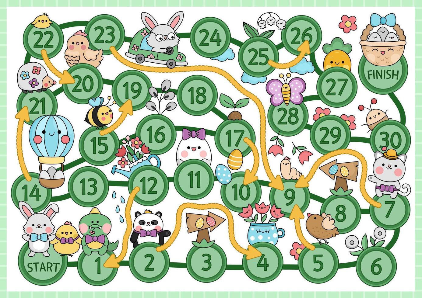 Pasen bord spel voor kinderen met grappig dieren gaan voor ei jacht met mand. voorjaar vakantie partij bordspel met konijn, kuiken, bloemen, vogels. schattig tuin afdrukbare rollen een Dobbelsteen werkzaamheid vector