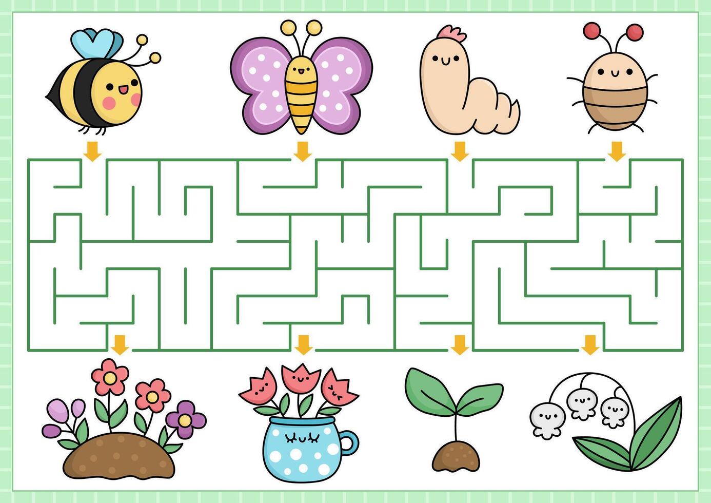 voorjaar doolhof voor kinderen. tuin meetkundig peuter- afdrukbare werkzaamheid met kawaii insecten en bloemen. Pasen vakantie labyrint spel of puzzel met schattig hommel, vlinder, worm, kever vector